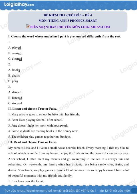 Đề thi học kì 1 Tiếng Anh 5 Phonics Smart - Đề số 4